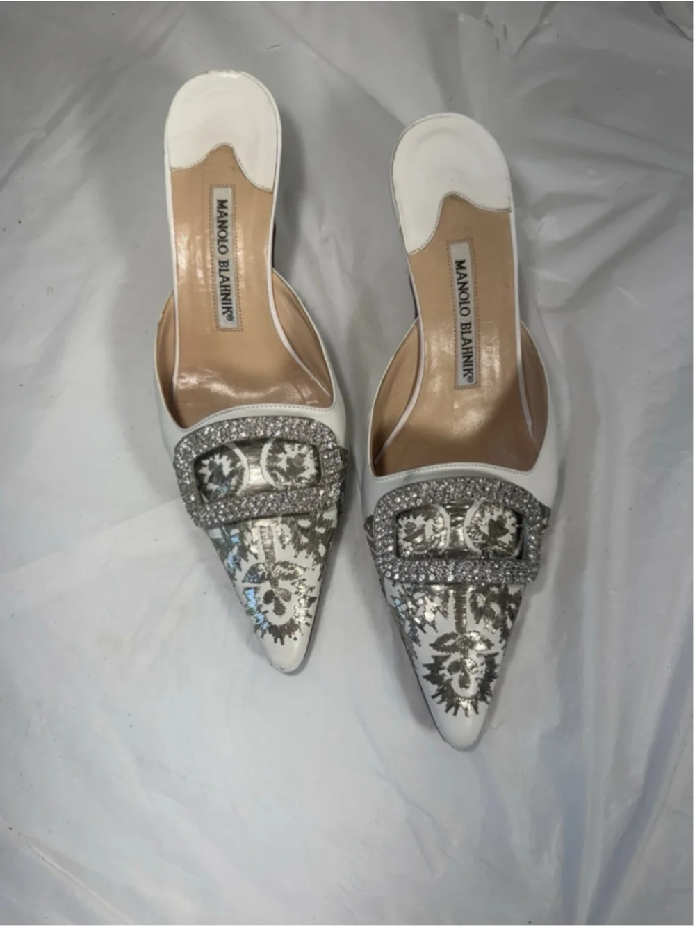 Manolo Blahnik Leather Mules White Graphic Print Crystals - Picture 3 of 14